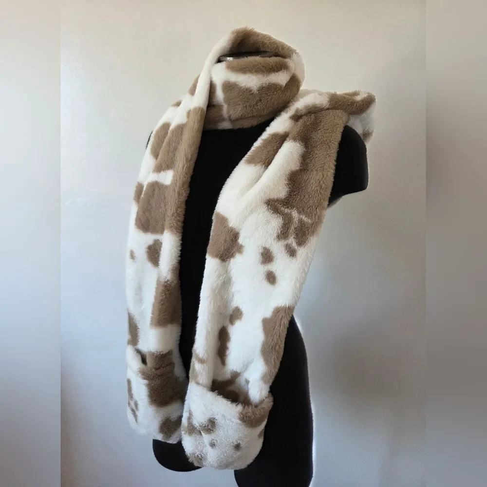 Ultra Soft Cow Print Hat Scarf Mitten Attached Furry Hood Ears Puppy Snow Bunny